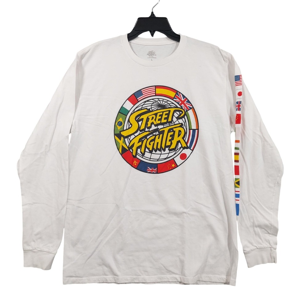 Street Fighter Shirt Mens Large White Long Sleeve World Flags Graphic Gamer Tee